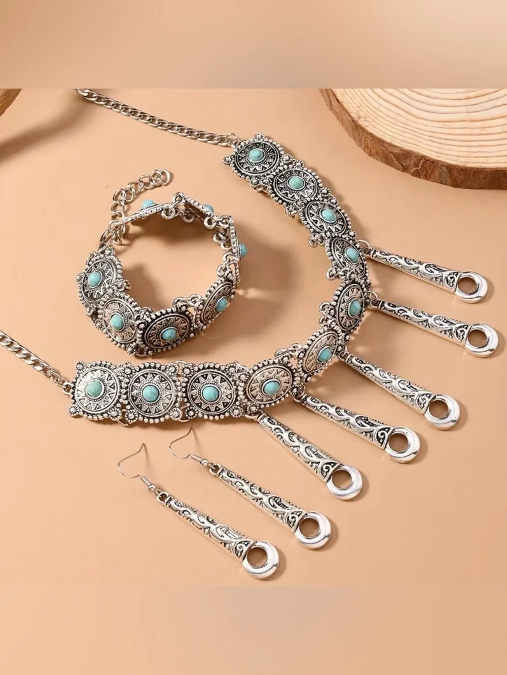 Western Set Turquoise Silver-Tone Boho Choker Necklace, Bracelet, & Earrings Set
